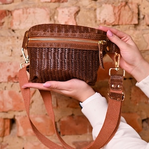 Sac banane en cuir vintage pour femme Braided Caramel