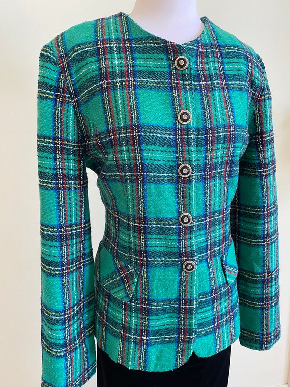 VINTAGE Designer Plaid Check Tweed Blazer Green W… - image 3