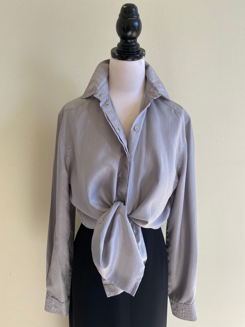 VINTAGE Silver Grey Crinkle Satin Long Sleeve Button Up Shirt | Etsy