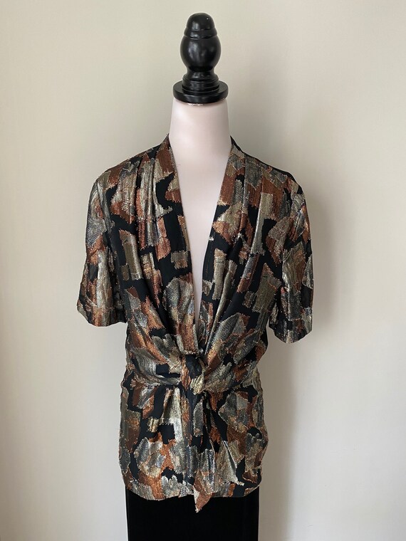 VINTAGE Gucci-Style Metallic Gold Bronze Short Sle