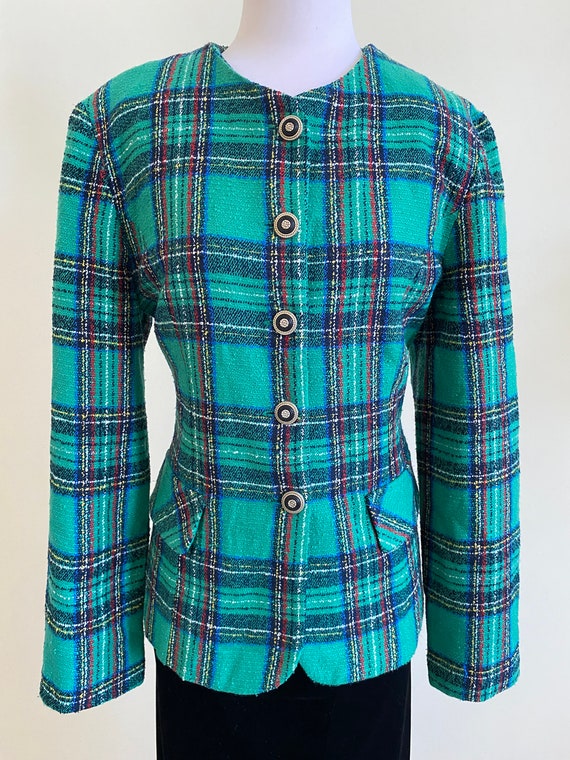 VINTAGE Designer Plaid Check Tweed Blazer Green W… - image 2