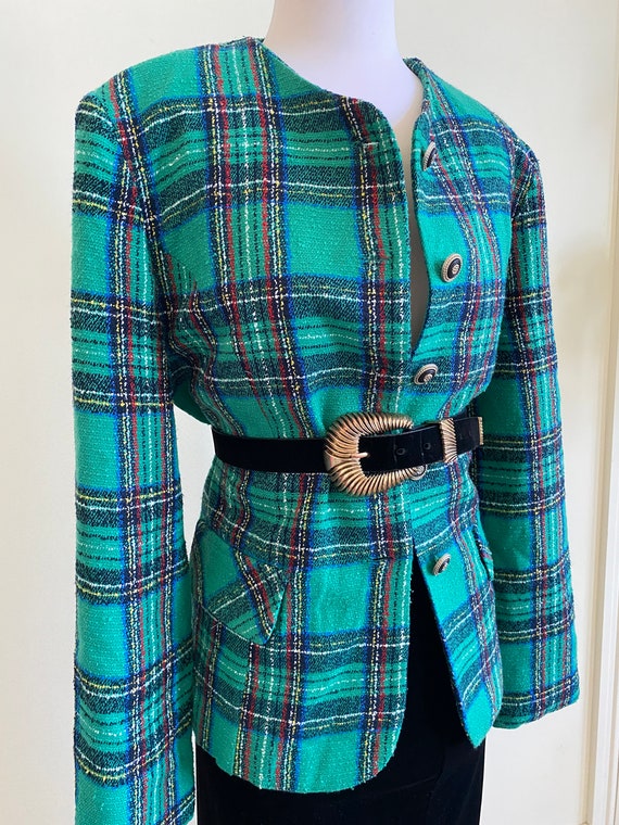 VINTAGE Designer Plaid Check Tweed Blazer Green W… - image 5