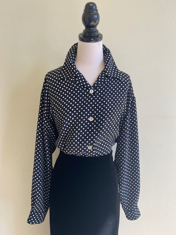 VINTAGE Black White Polka Dot Satin Long Sleeve Bu