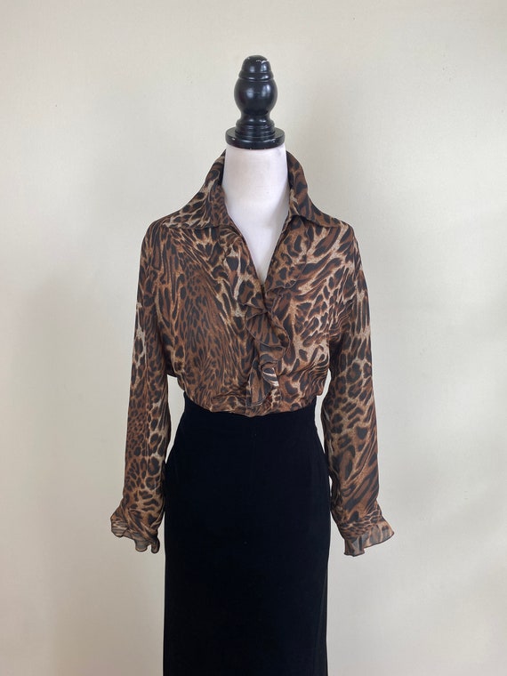 VINTAGE 90s Animal Leopard Print Ruffle Frill 3/4