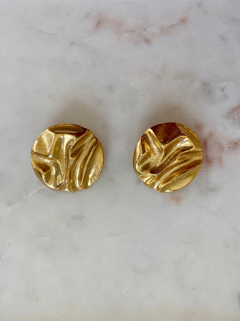 VINTAGE Gold Statement Clip On Earrings 80s Round Moulded Hammered Look Luxury Glamour Designer Style