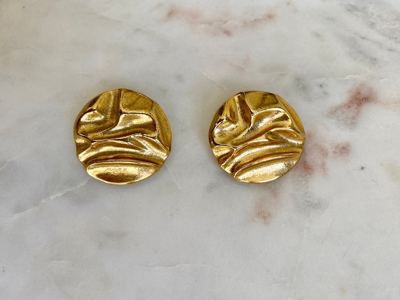 VINTAGE Gold Statement Clip On Earrings 80s Round Moulded Hammered Look Luxury Glamour Designer Style