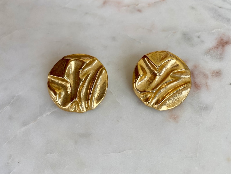 VINTAGE Gold Statement Clip On Earrings 80s Round Moulded Hammered Look Luxury Glamour Designer Style