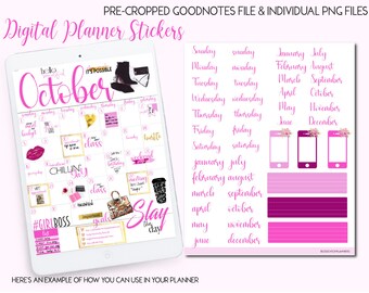 May include: Digital planner stickers with a pink and white color scheme. The stickers include a calendar, days of the week, months of the year, and various other designs. The stickers are designed for use in a digital planner.