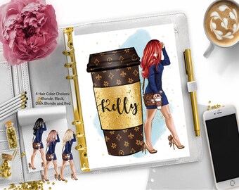 May include: A planner with a gold ring binder and a white cover. The cover features a digital illustration of a woman with red hair holding a brown and gold coffee cup with the word "Kelly" written on it. The woman is wearing a blue dress and holding a brown purse with a gold chain.
