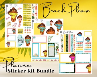 Beach Please Planner Sticker Kit Sheets Summer Vibe planner sticker kit for planners, notebooks, crafts - African American women stickers