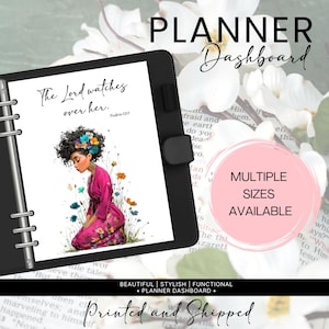 May include: Black planner dashboard with the text "PLANNER Dashboard". The planner features an illustration of a woman kneeling in a pink dress, surrounded by flowers. Text on the page reads "The Lord watches over her." and "Multiple Sizes Available".