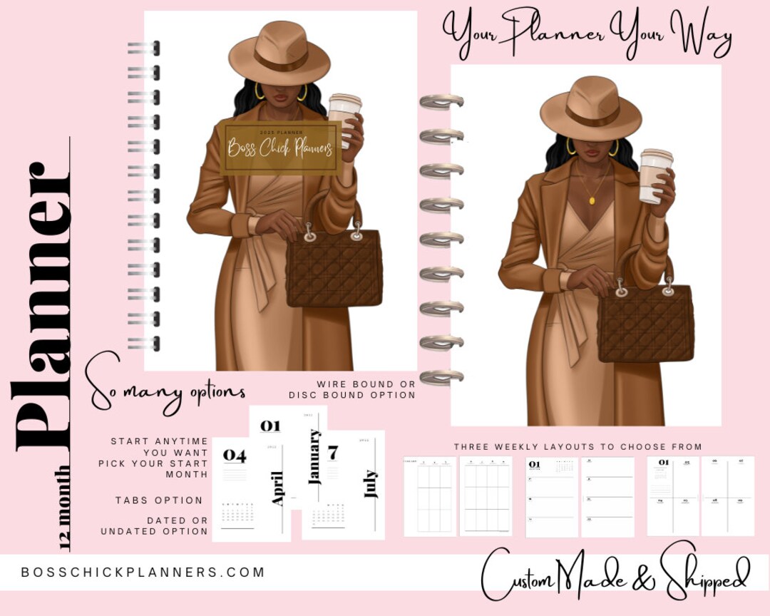 African American Girl Boss 12 Month Planner Choose Start Month, Disc