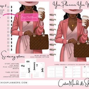 African American Girl Boss 12 Month Planner - Choose Start Month, Disc/Wire Binding, Weekly Layout, with Trackers Vision Board