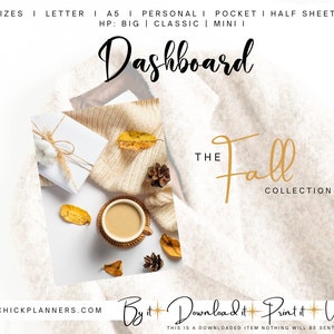 May include: A printable planner dashboard with the text "The Fall Collection" in gold lettering. The image features a cozy autumn scene with a cup of coffee, a wrapped gift, and fall leaves on a white knitted blanket.