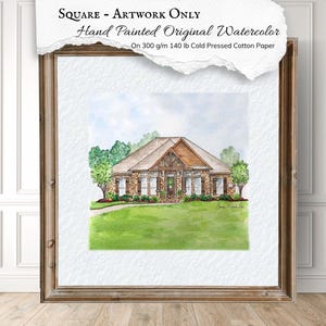 Quadratisch, ohne Passepartout, benutzerdefiniertes handgemaltes Aquarell, personalisiertes Hausporträt vom Foto, erstes Zuhause, Elterngeschenk, Hochzeitsgeschenk