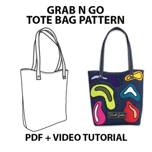 May include: Two tote bags are displayed, one a line drawing and the other a finished product. The finished tote bag is denim with colorful abstract shapes. The text "GRAB N GO TOTE BAG PATTERN" and "PDF + VIDEO TUTORIAL" are also visible.