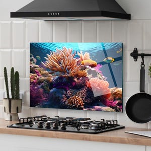 Dosseret de cuisine, coque arrière de cuisinière, oeuvre d'art murale en verre trempé, couvercle de dessus de cuisinière à gaz, crédence déco de cuisine, planche à découper et à nouilles