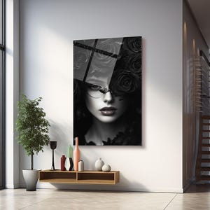 Rosa nera, pezzo d'accento per la casa, ritratto di cartone animato, arte murale da garage, grande arte sopra il letto, paraspruzzi per lavandino, arte rustica da fattoria