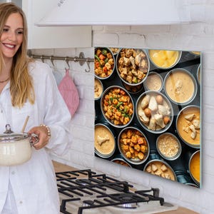 Panneau de dosseret de poêle en verre personnalisé, Couvercle arrière de poêle, Décoration de cuisine, Couvercle supérieur de cuisinière, Carrelage de dosseret de cuisine