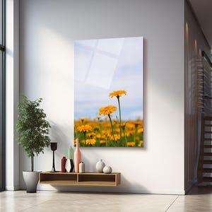 Fiori gialli, opere d'arte visionarie, arte murale in vetro 3D, decorazioni per la casa in vetro, decorazioni per la casa pop art, decorazioni murali di successo, poster di cartoni animati