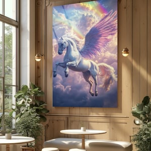 Unicornio, arte de pared con mapa para niños, arte moderno grande, arte decorativo en vidrio, decoración de ondas doradas, decoración de pared étnica, regalo de arte de pared moderno