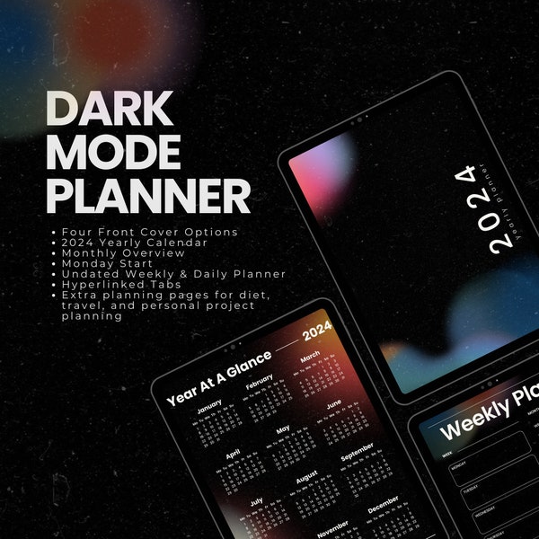 2024 Dark Mode Digital Planner | Yearly, Daily, Monthly Digital Planner for GoodNotes, Notability on iPad