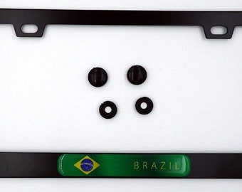 Brazil Flag Black Plastic Car License plate frame domed colour lens Brazilian