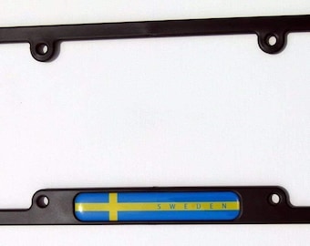 Sweden Swedish Flames Flag Black Plastic Car License Plate Frame Dome Decal