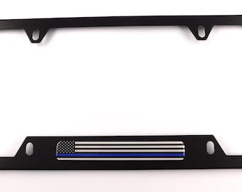 USA Police Thin blue line Flag Metal black Aluminum Car License plate frame bottom cutout 4hole