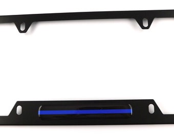 Thin Blue Line Police Flag Metal black Aluminum Car License plate frame bottom cutout 4hole