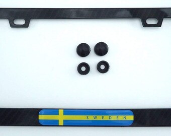 Sweden Swedish Flag Black Carbon Fiber Look Metal Car License Plate Frame