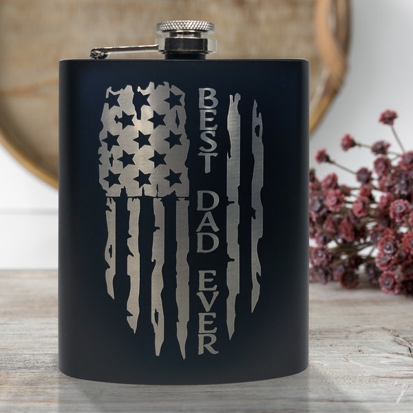 Best Dad Ever Flag Flask, 8oz Stainless Steel, Hip Flask, Funnel Included, Best Dad, Father's Day, Whiskey, Vodka, Swishbrew, Rum, USA, Dad