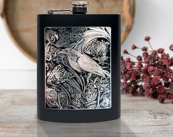 The Raven Animal Spirit Flask, 8oz Stainless Steel, Hip Flask, Funnel Included, Whiskey, Vodka, Rum, Murder, Crow, Bird, Sir Swishbrew