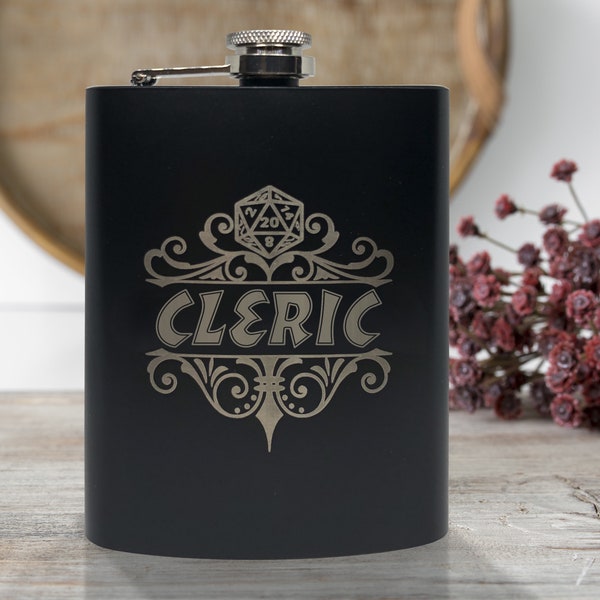 Cleric Flask, 8oz Stainless Steel, Hip Flask, Funnel Included, Cleric, Divine, Wisdom, Divinity, Whiskey, Vodka, Swishbrew, Rum, Gin, Brandy