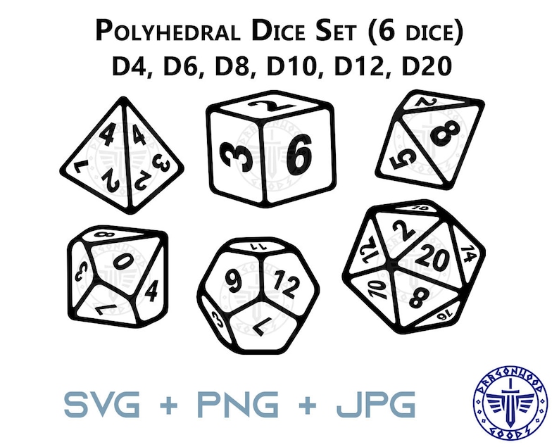 Puede incluir: Un conjunto de seis dados poli&eacute;dricos en blanco y negro, que incluyen un dado de cuatro caras, un dado de seis caras, un dado de ocho caras, un dado de diez caras, un dado de doce caras y un dado de veinte caras. Los dados est&aacute;n delineados en negro y tienen n&uacute;meros blancos en cada cara.
