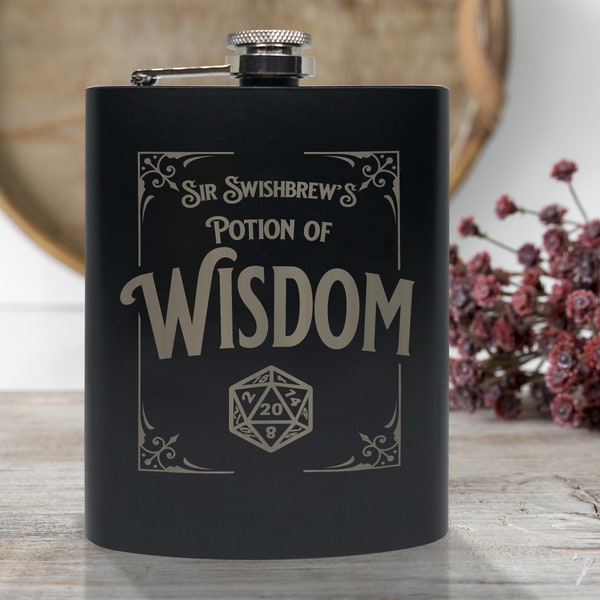 Potion of Wisdom, 8oz Stainless Steel, Hip Flask, Funnel Included, Wisdom, Perception, Intellect, Drink, Whiskey, Vodka, Brandy, Swishbrew