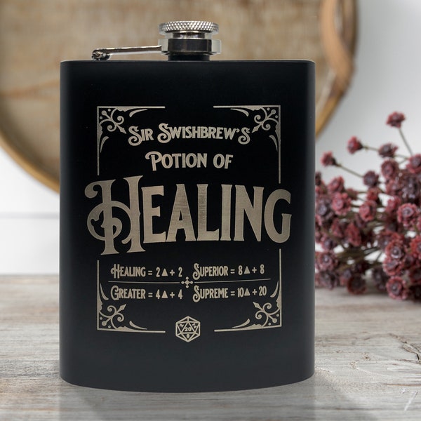 Potion of Healing, 8oz Stainless Steel, Hip Flask, Funnel Included, Health, Greater, Superior, Supreme, Whiskey, Vodka, Brandy, Swishbrew