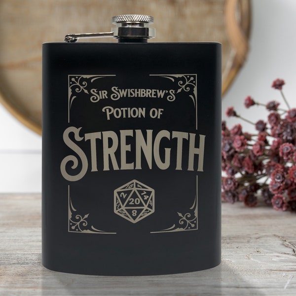 Potion of Strength, 8oz Stainless Steel, Hip Flask, Funnel Included, Strength, Giant, Strong, Stronger, Whiskey, Vodka, Brandy, Swishbrew