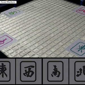 Puede incluir: Un tablero de juego con cuatro marcadores cuadrados, cada uno con un color y un carácter chino diferente. Los caracteres son "北", "南", "東", y "西".