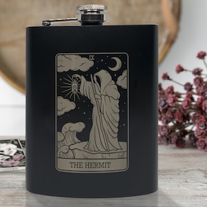 The Hermit Tarot Flask, 8oz Stainless Steel, Hip Flask, Funnel Included, Whiskey, Vodka, Tarot Card, Introspection, Reflect, Sir Swishbrew