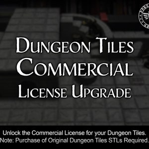 Puede incluir: Una imagen en blanco y negro con el texto "DUNGEON TILES COMMERCIAL LICENSE UPGRADE" en blanco. El texto está sobre un fondo de azulejos grises. La imagen también incluye un logotipo en blanco y negro con una espada y el texto "DRAGONWOOD GOODS".