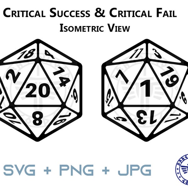 D20 Würfel isometrische SVG - 20 seitenige Würfel - D&D und Pathfinder RPG - Digital Cricut Critical Success (Natural 20) und Critical Fail (Natural 1)