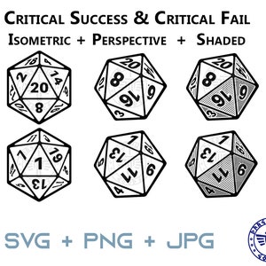 Puede incluir: Seis ilustraciones en blanco y negro de un dado de 20 caras en diferentes perspectivas. El dado es una herramienta común utilizada en juegos de rol de mesa. Las ilustraciones están etiquetadas como "CRITICAL SUCCESS & CRITICAL FAIL" y "ISOMETRIC + PERSPECTIVE + SHADED".