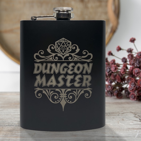 Dungeon Master Flask, 8oz Stainless Steel, Hip Flask, Funnel Included, Dungeon Master, DM, Rum, Whiskey, Vodka, Swishbrew, Rum, Gin, Brandy