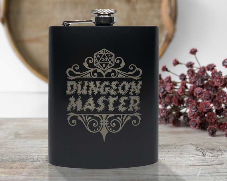 Dungeon Master Flask, 8oz Stainless Steel, Hip Flask, Funnel Included, Dungeon Master, DM, Rum, Whiskey, Vodka, Swishbrew, Rum, Gin, Brandy image 1