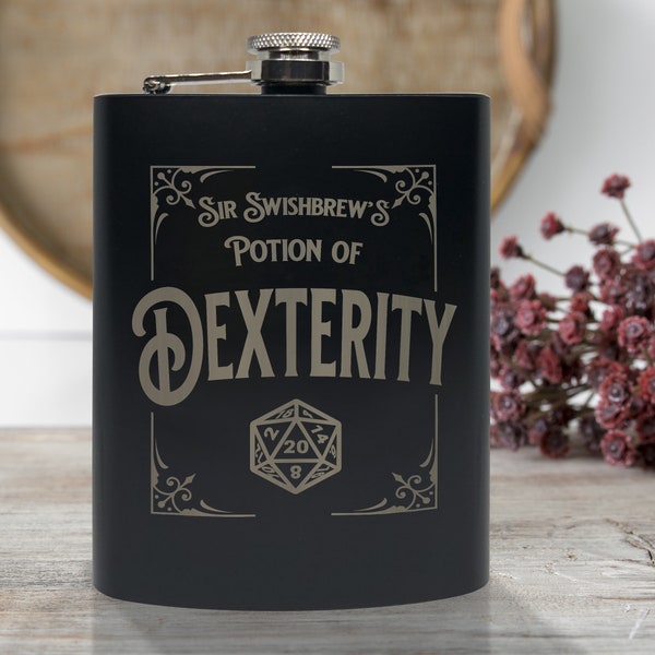 Potion of Dexterity, 8oz Stainless Steel, Hip Flask, Funnel Included, Dexterity, Dex Save, Agility, Drink, Whiskey, Vodka, Brandy, Swishbrew