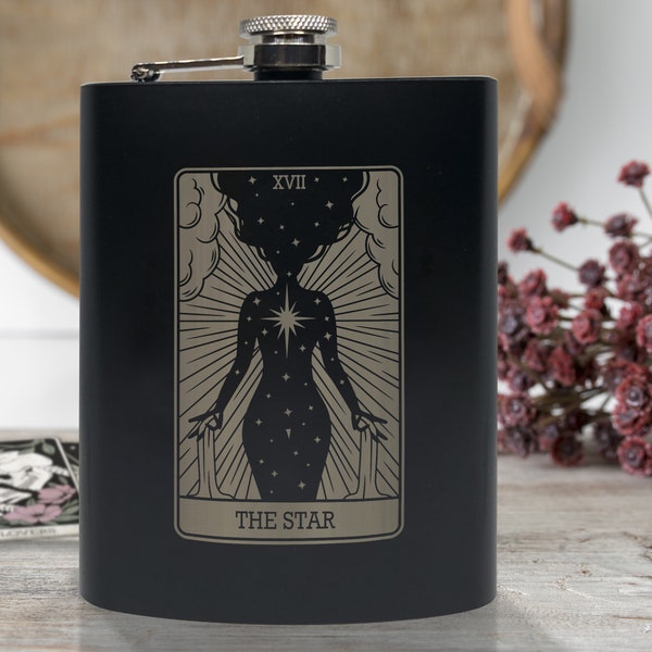 The Star Tarot Flask, 8oz Stainless Steel, Hip Flask, Funnel Included, Whiskey, Vodka, Rum, Tarot Card, Inspired, Renewed, Sir Swishbrew