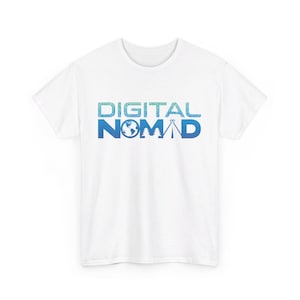 May include: White t-shirt with a blue and green gradient graphic that says "DIGITAL NOMAD". The graphic includes a globe, trees, and a tent.