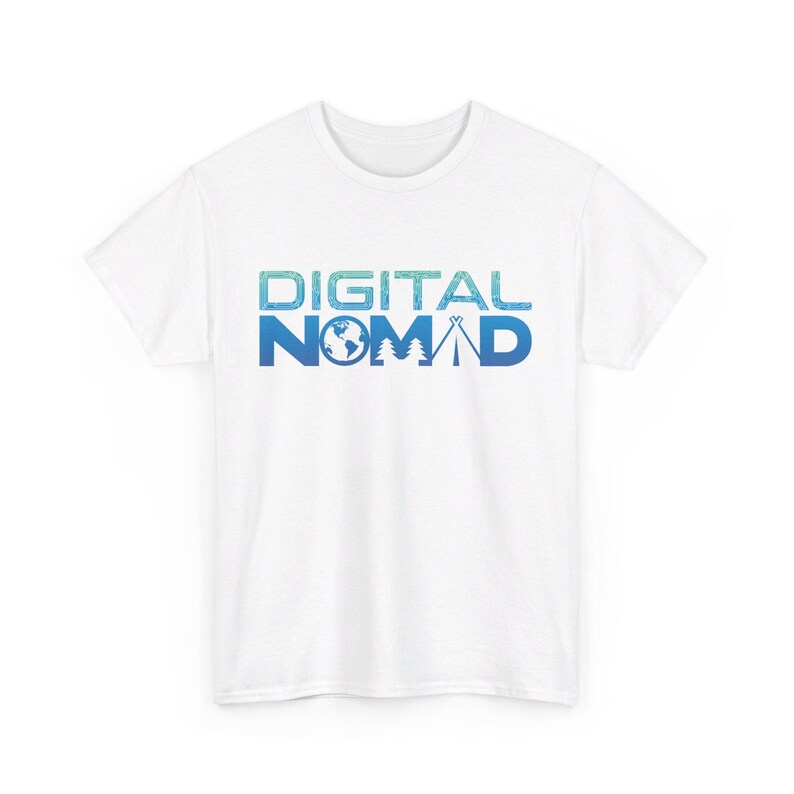 May include: White t-shirt with a blue and green gradient graphic that says "DIGITAL NOMAD". The graphic includes a globe, trees, and a tent.