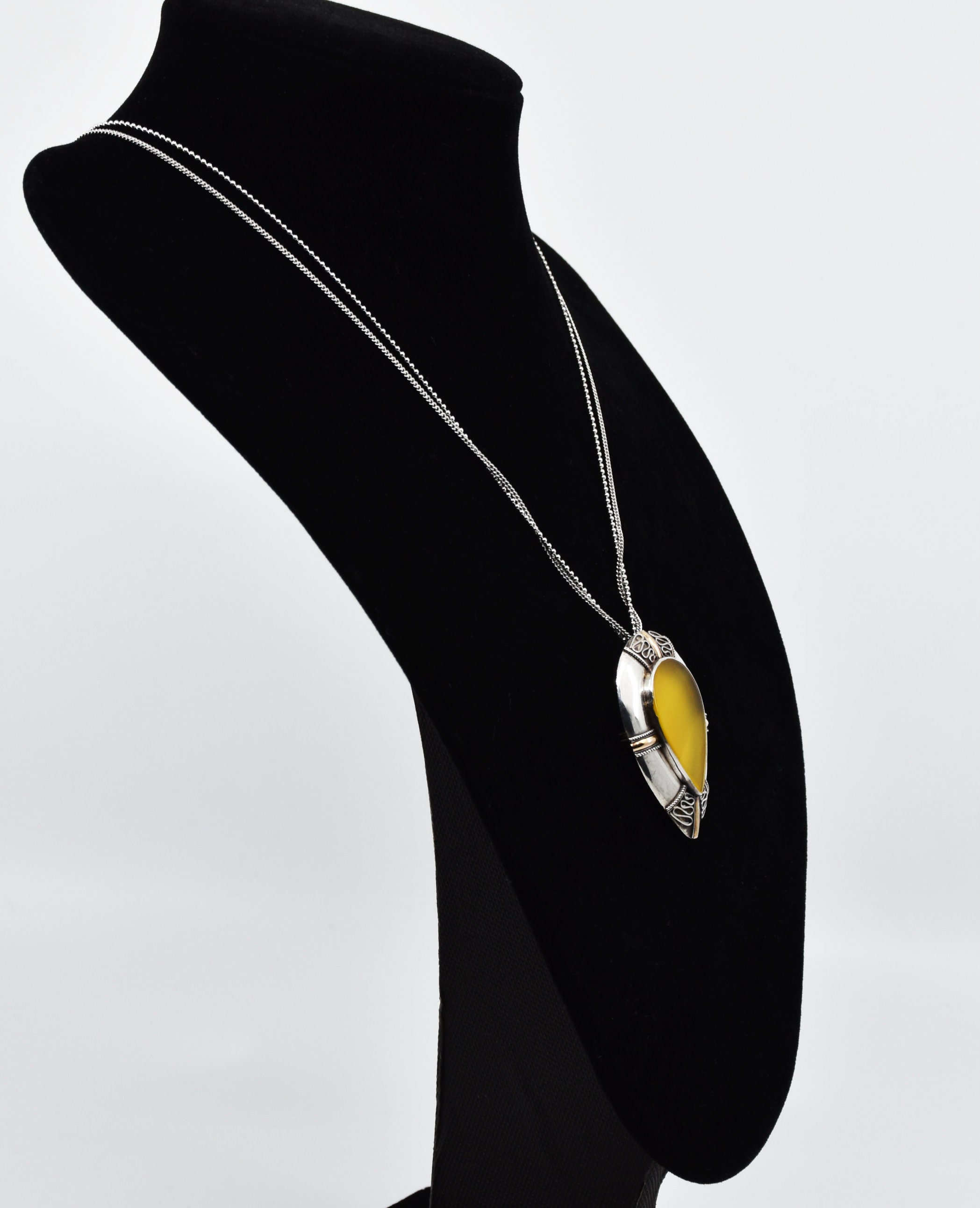 Unique Boho Versatility Vintage 1970s Sterling Silver Large Pendant Necklace and Brooch with Yellow Banded Agate Cabochon